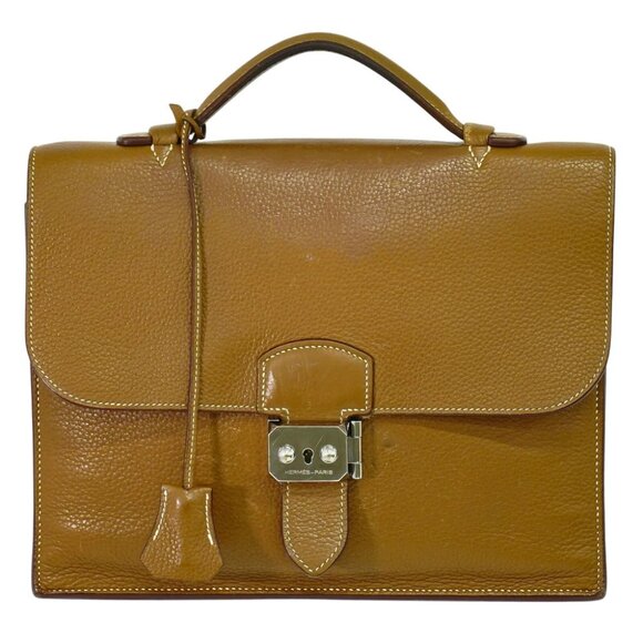 HERMES Sac A Depeche 27 Taurillon Clemence Leather Handbag Brown Silver - Picture 1 of 10